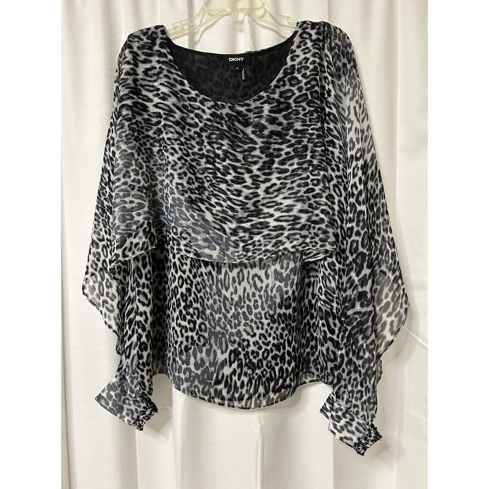 DKNY Cheetah Sheer Top Blouse Animal Print Mob Wife Glam Layered Open Sleeve XXL